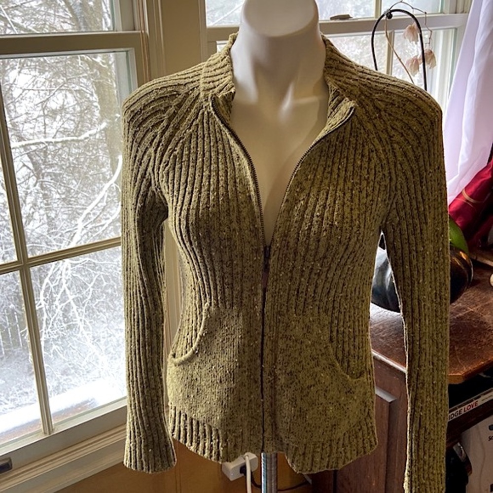 PETITE LIZ CLAIBORNE ZIP UP CARDIGAN POCKETS EUC LIME GREEN P